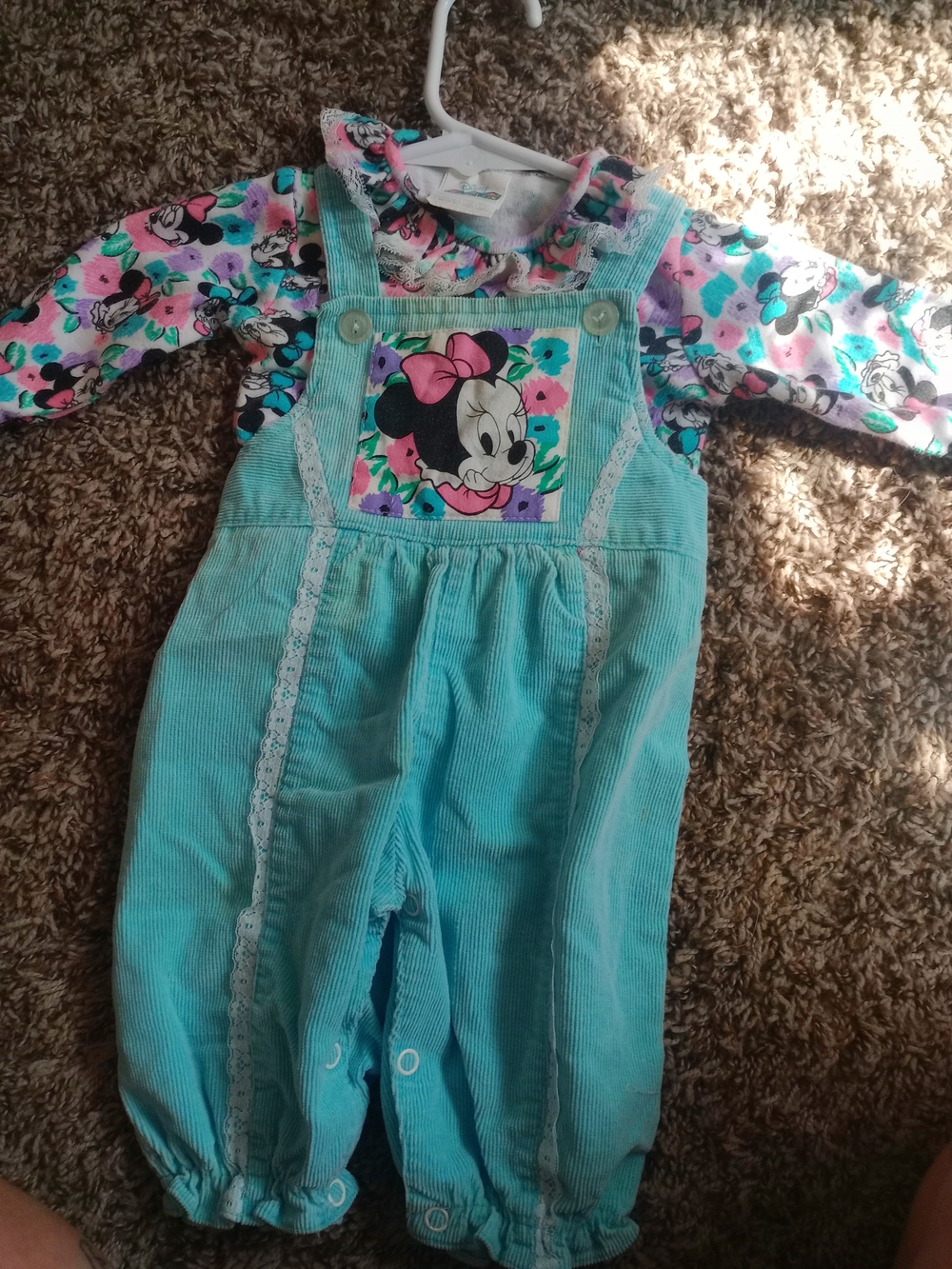 1984 Vintage Disney Mint Corduroy Minnie Mouse Overalls with Floral Top
